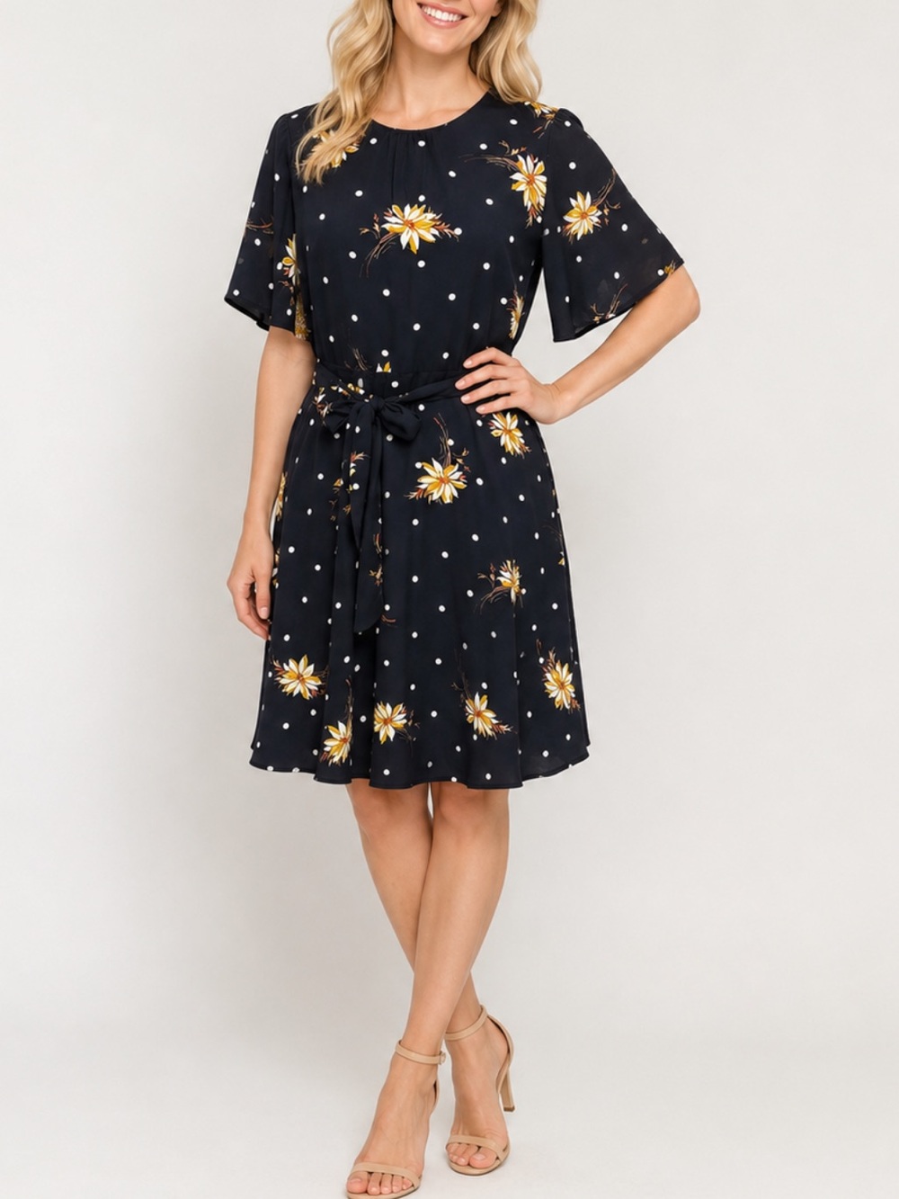 Banana Republic Navy Floral FlutterSleeve Dress,size 8,Bloomcore,Modern Vintage
